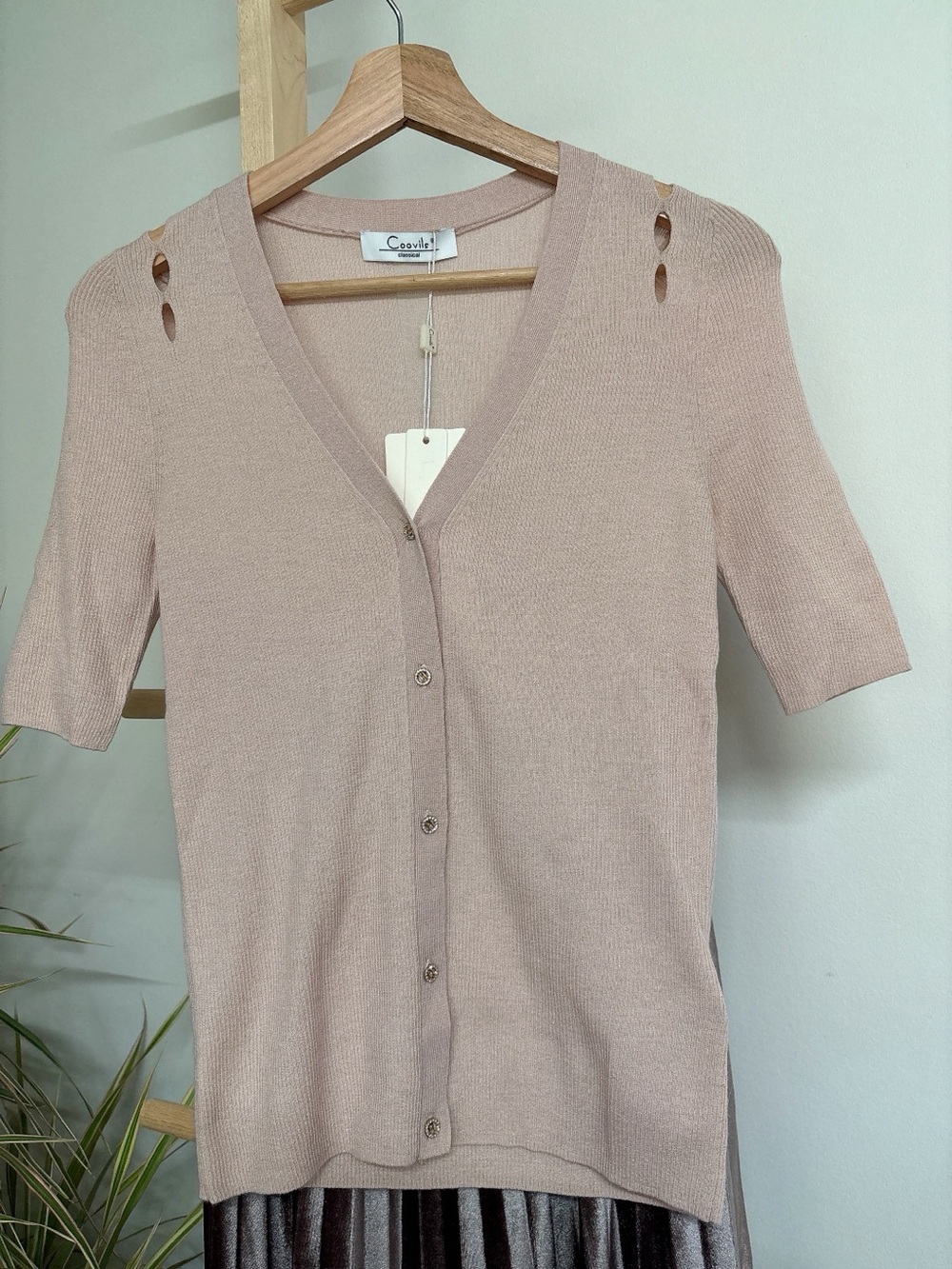 Ash Pink Sparkly 85% Wool Ribbed Knit Cardigan